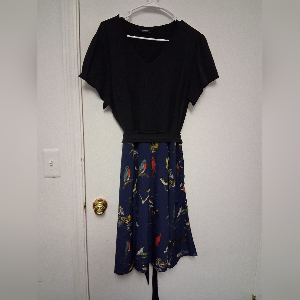 Black Top with Bird Print Skirt